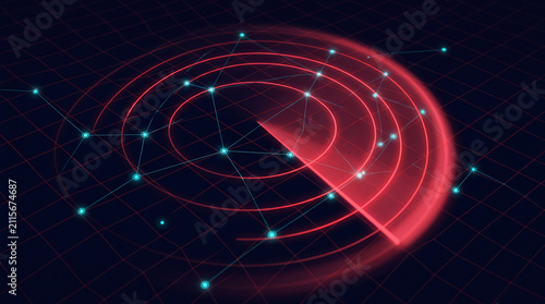 Isometric red radar screen scanning digital network with glowing cyan target dots on dark background representing cyber security sonar detection and military tracking technology system.