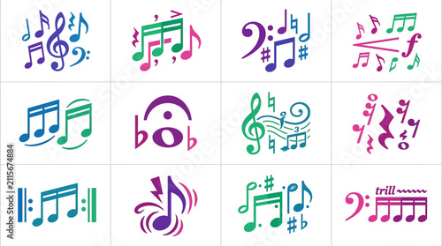Cuadro en lienzo Colorful musical notes and notation symbols set.