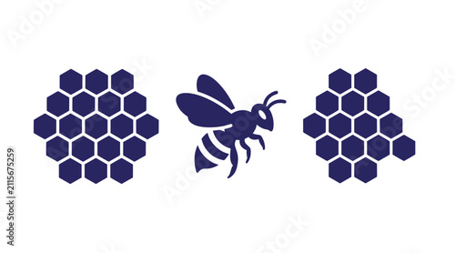 Honey and bee illustration set featuring hexagonal honeycomb and flying honeybee honeycomb beekeeping wildlife insectivore agriculture pollination environment sweetener