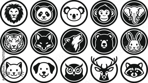Photography Set of fifteen circular black and white animal head icons featuring various wild