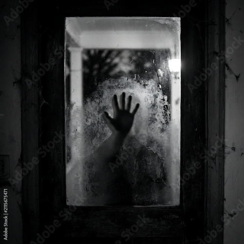 Haunting Shadow Behind Fogged Window – Creepy Black and White Horror Halloween Scene
