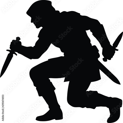 Fotografie Assassin silhouette crouching with daggers ready to strike in stealth and action pose isolated