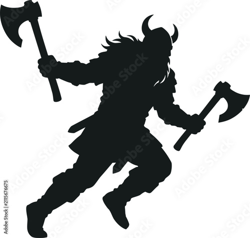 Silhouette of a fierce viking warrior with two battle axes running into battle, dynamic pose and warrior gear.