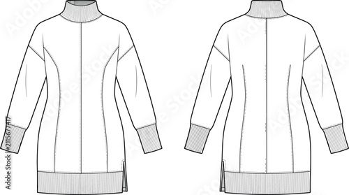 Fotografie Technical fashion flat sketch of a long sleeve turtleneck sweater dress with side hem slits