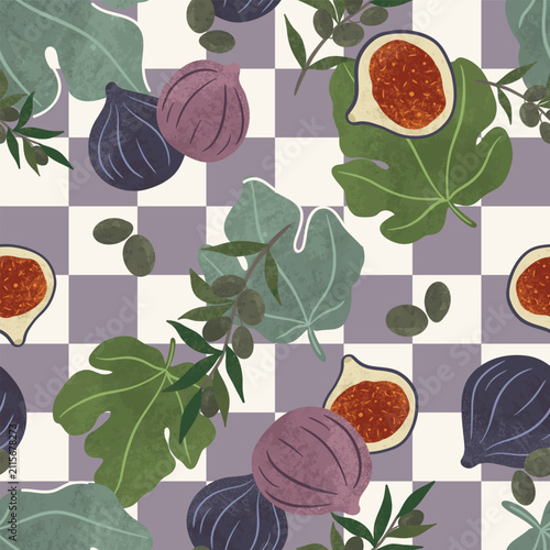 Figs and olive branches on gingham seamless pattern