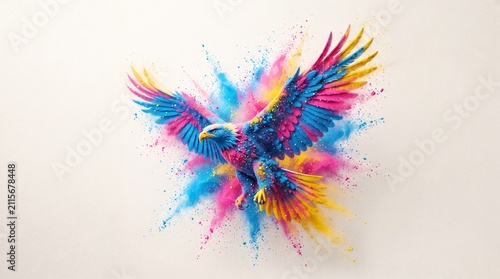Abstract Colorful Paint Splash Formed into Flying Bird Artwork on White