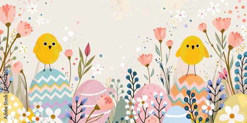 Cuadro en lienzo Easter Eggs And Birds A Colorful Floral Vector Illustration