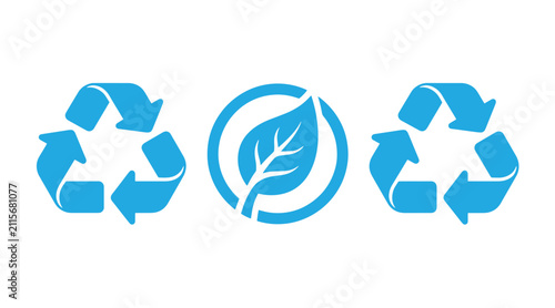 Blue recycling icons set featuring two universal recycle symbols flanking a leaf in a circle environment conservation sustainable protection management illustration circular