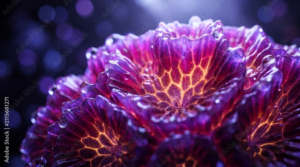 Fototapeta premium Glowing purple succulent plant with intricate translucent textures and liquid water droplets captured in a vivid close up macro photography style
