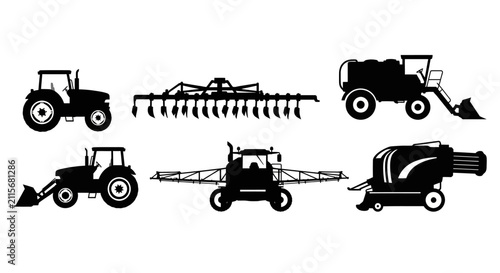 Cuadro en lienzo Agricultural machinery silhouettes for farming with black silhouettes six differ