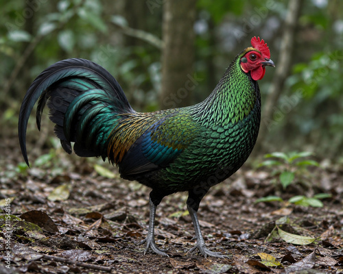 Male Green Junglefowl (Gallus varius) with Iridescent Feathers Standing in the Tropical Forest