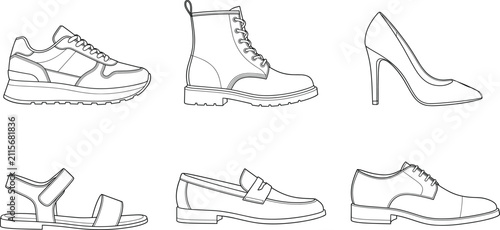 Canvas Print Black and white footwear outline illustrations showing sneaker boot heel sandal