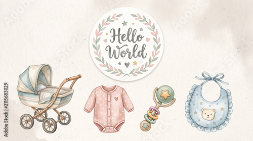 Baby shower set with stroller onesie rattle bib and hello world badge.