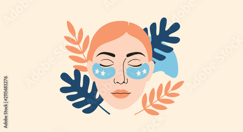 Woman with under eye patches relaxing among tropical leaves for beauty