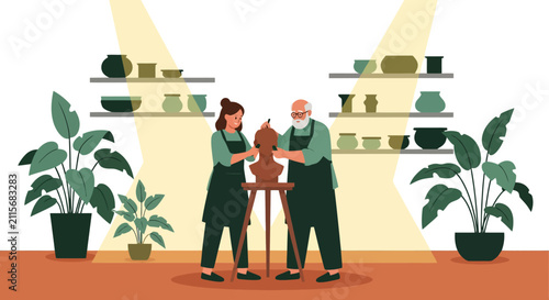 Woman gardening at home with potted plants and ceramic pots on shelves