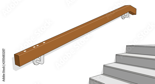 Wooden Handrail With Metal Support Bracket Mounted On White Wall