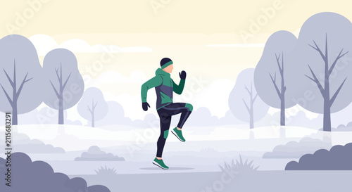 Young man running outdoors in a snowy park during a winter morning
