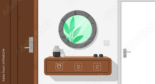Wooden door and bedside table with a round wall mirror in a room