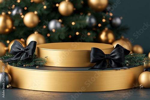 Luxury gold podium display stand with black bows and Christmas tree ornaments