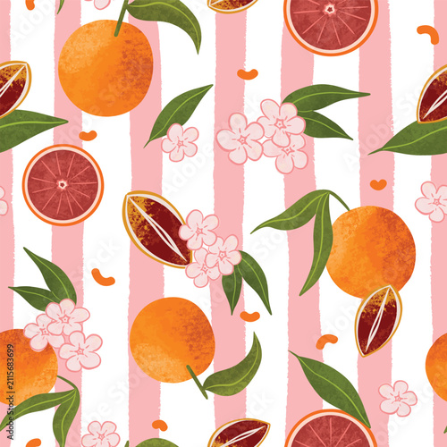 Blood oranges on stripes seamless pattern
