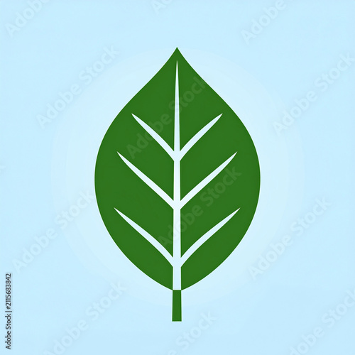 Simple green leaf icon on a light blue background representing nature, environment, sustainability, and growth in a flat vector style