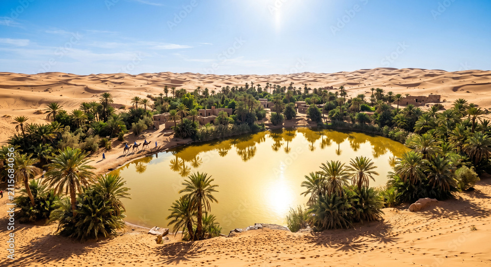Obraz premium Surreal Desert Oasis with a Shimmering Liquid Gold Pool