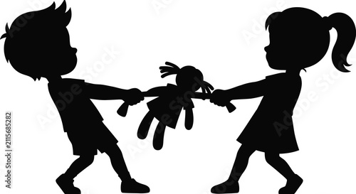 Obraz na płótnie Black silhouette of a young boy and girl fighting over a doll on a white backgro