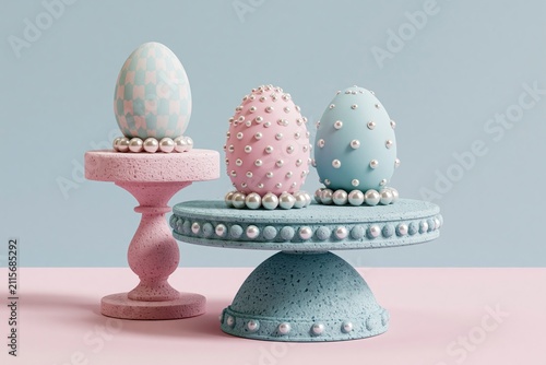 Elegant pastel Easter eggs decorated with pearls on decorative pedestals