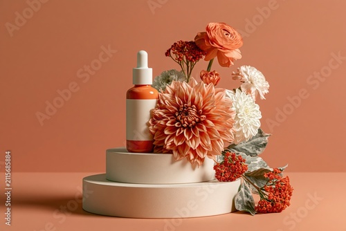 Cosmetic serum dropper bottle mockup on a tiered podium surrounded by fresh flowers