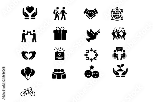 Icon set collection of celebration love and community unity glyph vector illustration elements for social gatherings and festivals.