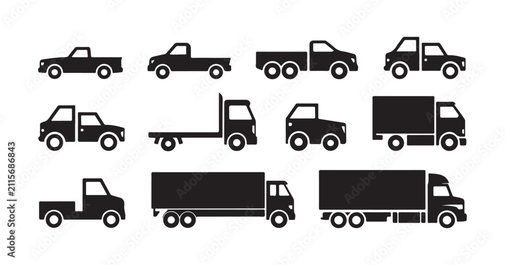 Naklejka premium Variety of truck silhouettes including pickup vans and trailers for logistics transportation service.