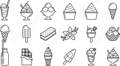 Cuadro en lienzo Ice cream and frozen dessert line icon set featuring sweet summer treats waffle