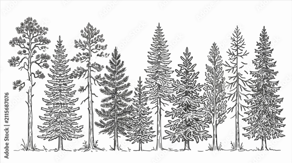 Obraz premium Detailed hand drawn illustration featuring a forest collection of various evergreen conifers and deciduous trees during the crisp autumn season