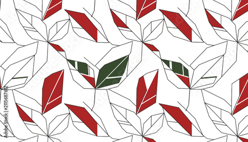 Abstract leaf pattern minimalist red green geometric line art