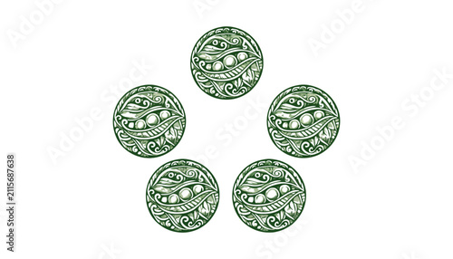 Peas in pods circular emblem set decorative design with vegetable
