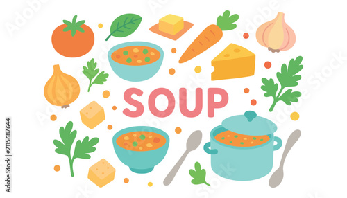 Soup ingredients flat design illustration set with vegetables
