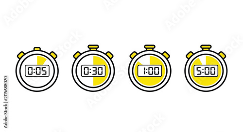 Fotografie Set of four yellow digital stopwatches with different time intervals isolated on