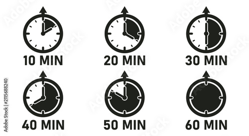 Obraz na płótnie Set of six clock icons showing time intervals from ten to sixty minutes in black