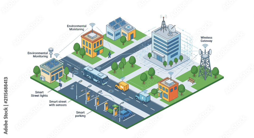 Obraz premium Isometric Smart City Infrastructure with Traffic Lights, Street Lighting and Environmental Monitoring