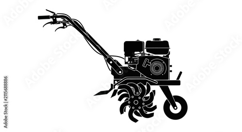 Konstfotografi Black silhouette of a garden tiller on white background with agriculture landsca