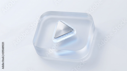 Modern 3D glassmorphism play button icon with metallic triangle on elegant white background