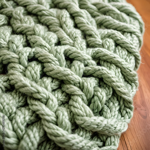 A green knitted blanket on a wooden floor