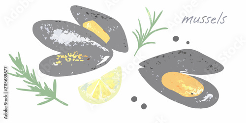 Foto Mussels Watercolor Illustration With Lemon Rosemary And Black Pepper