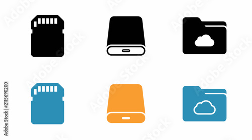 Digital storage icons: sd card, external drive, cloud folder in black and colorful designs