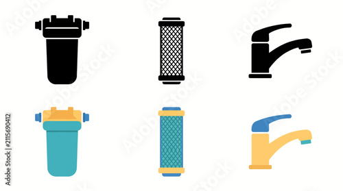 Variety of water filters and faucets in different styles and colors