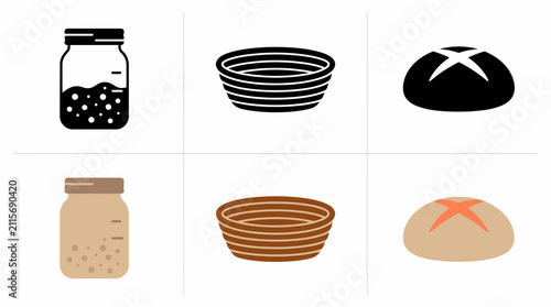 Minimalist icons of sourdough starter, banneton, and bread loaf in black and white and color