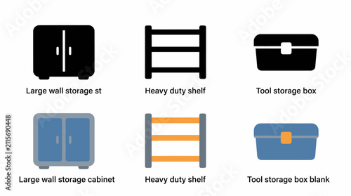 Large storage solutions: wall cabinet, heavy duty shelf, tool box icons