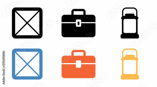Collection of business and utility icons: envelopes, briefcases, lanterns
