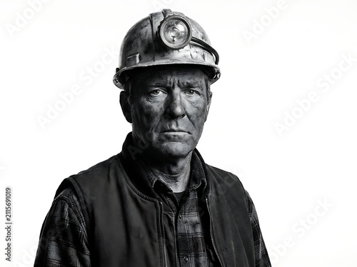 Portrait of a mature coal miner wearing a hard hat with a headlamp looking directly into the camera against white background
