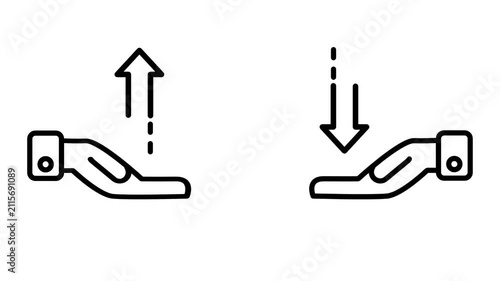 Line icon of two robotic hands one with a rising arrow and one with a falling arrow representing automated trading buying and selling transactions